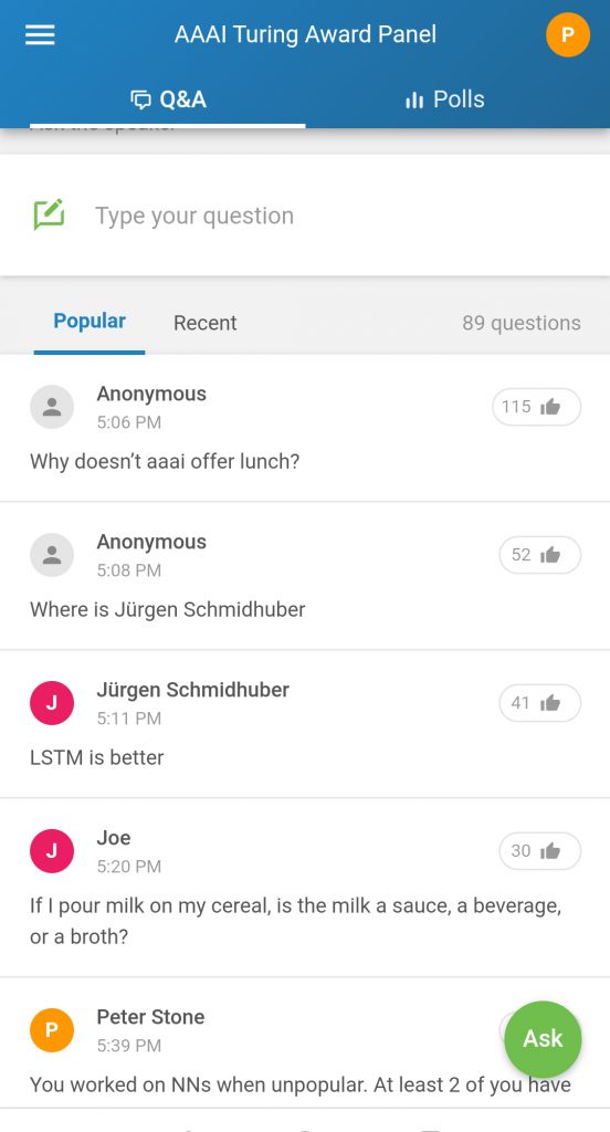 The only thing that disappointed me was the apparent immaturity of "the community" when given the chance of asking questions to the three Turing laureates. These were the top ones. Thankfully, they actually answered others, including one of mine.