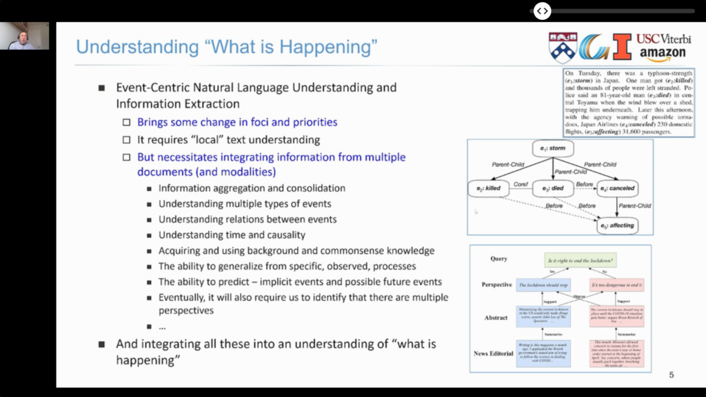 Tutorial slide titled "Understanding 'What is Happening'", arguing that event-centric natural language understanding requires local text understanding but also integrating information across documents and modalities, illustrated by an event graph built from a typhoon news story and by a diagram of competing perspectives on ending a lockdown.