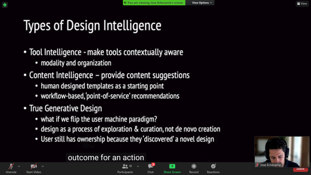 Talk slide titled "Types of Design Intelligence", distinguishing tool intelligence, which makes tools contextually aware, content intelligence, which suggests templates and point-of-service recommendations, and true generative design, which treats design as exploration and curation so the user still owns the design they discovered.