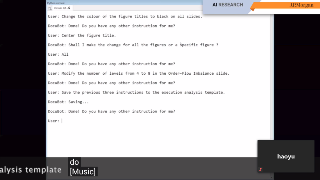 Screenshot of a console conversation with DocuBot, in which the user asks in plain English to change figure title colors, center the titles across all figures, change the number of levels on a slide, and then save the previous three instructions as a reusable execution analysis template.