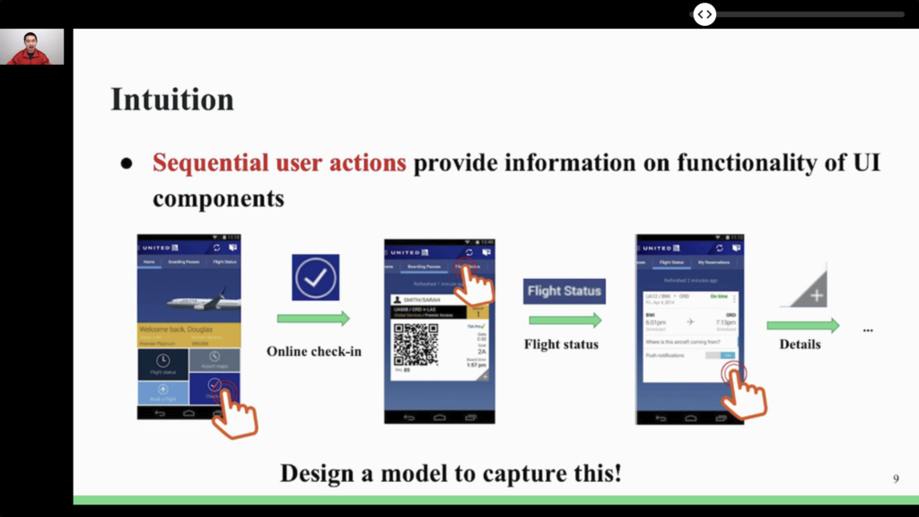 Conference slide titled "Intuition", showing three phone screenshots of an airline app in which a user taps through online check-in, flight status, and details, to argue that sequential user actions reveal the functionality of UI components and that a model should capture this.