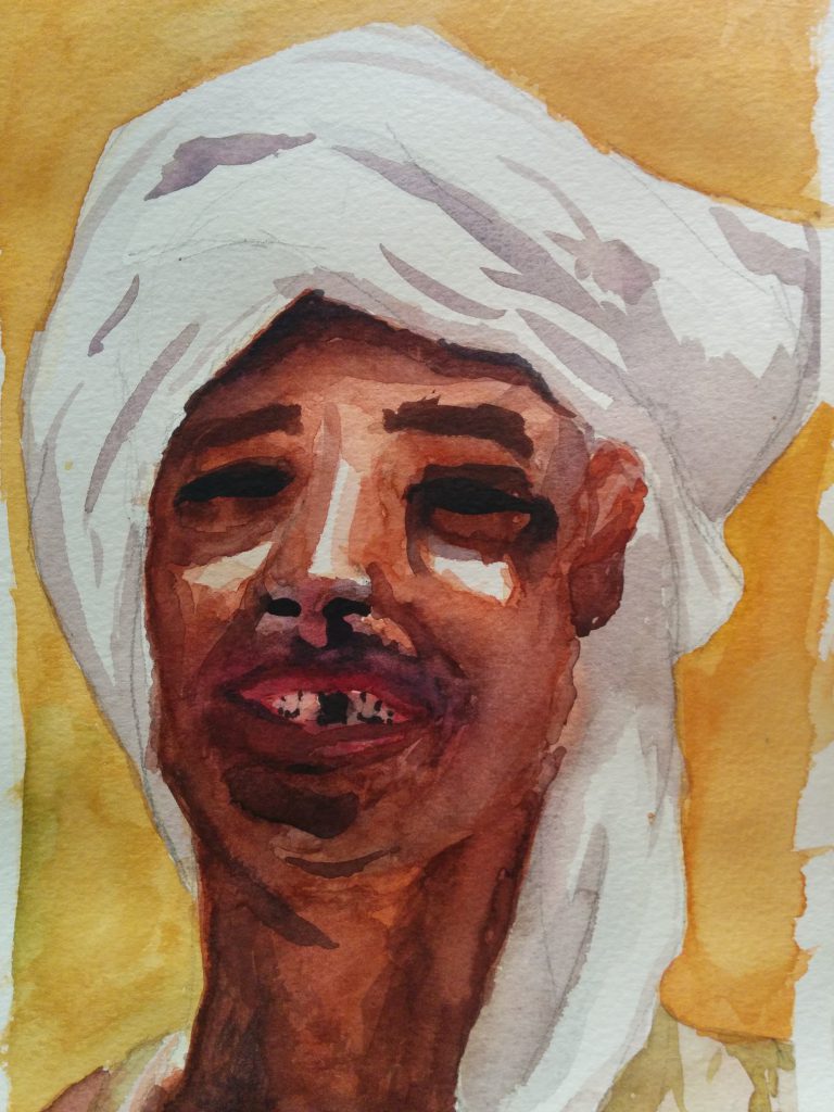 Watercolor portrait of a smiling person wearing a white head wrap against a golden background.