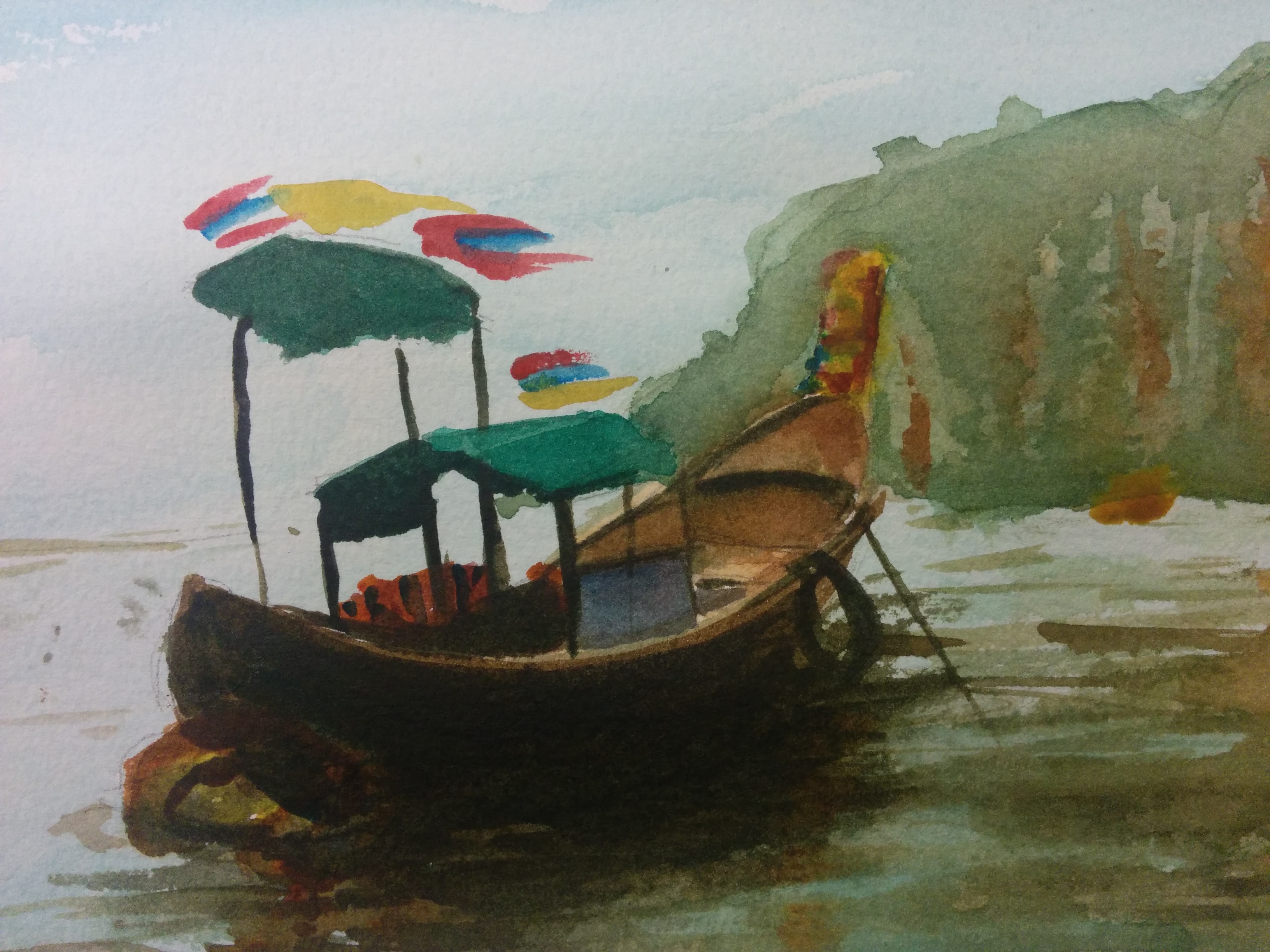 Watercolor of a Thai longtail boat moored near limestone cliffs.