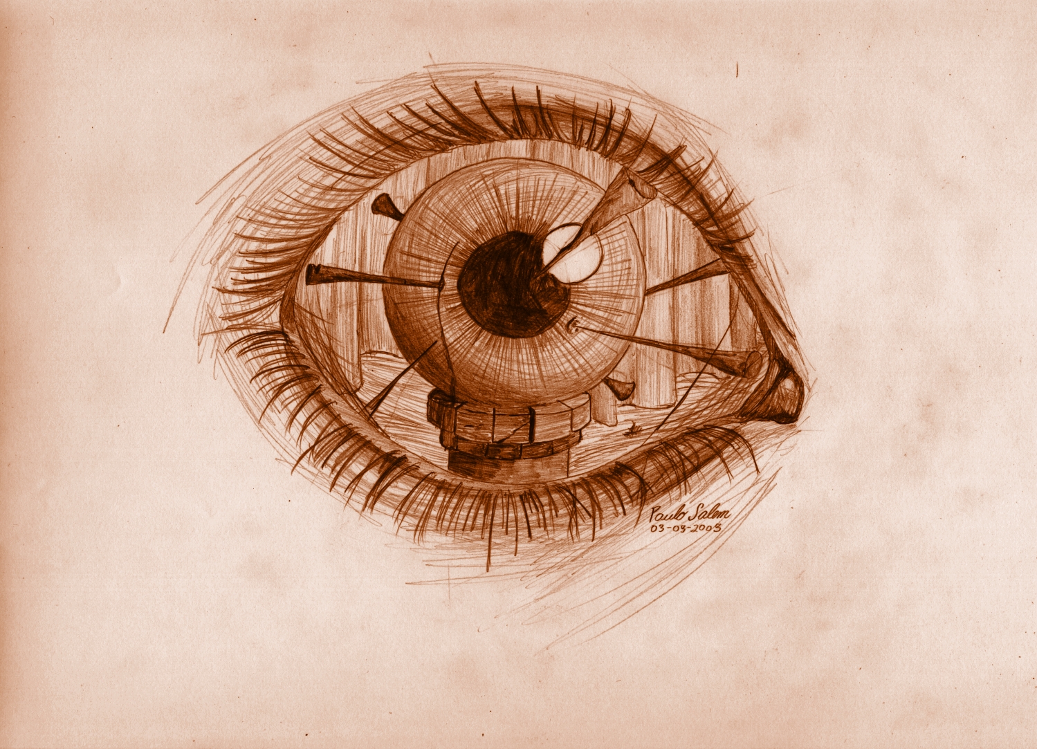 Ink drawing of a human eye with an industrial scene inside its iris.